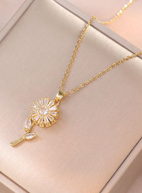 项链女网红旋转紫荆花锆石花朵小众时尚新款设计吊坠气质钛钢项链