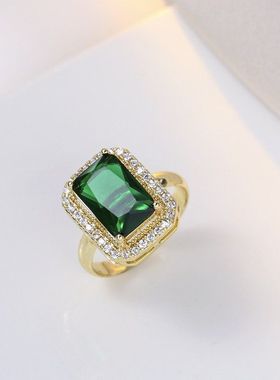 戒指女 日韩祖母绿锆石开口戒指甜美小众设计食指戒网红可调节指