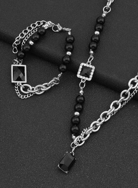 黑宝石吊坠珍珠项链男潮欧美嘻哈轻奢小众设计感百搭钛钢情侣项链