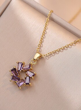 项链女网红紫色花朵锆石小众时尚新款设计感吊坠气质套装钛钢项链