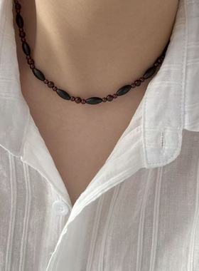 眼观S925银黑玛瑙石榴石项链