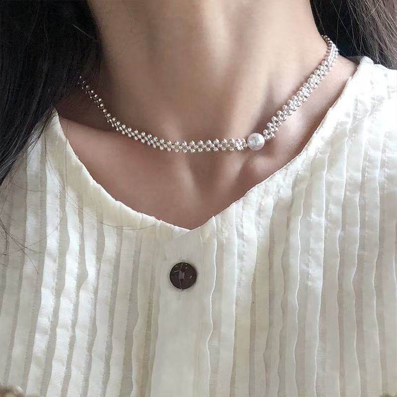 眼观S925银仿珍珠银珠编织项链百搭简约小众设计气质高级感锁骨链,淘宝优惠券,粉丝福利购,淘宝优惠卷