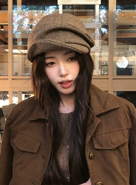 秋季气质贝雷帽格纹八角帽子潮帽