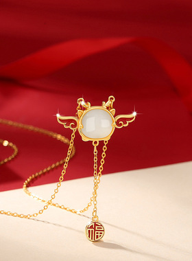 小飞龙和田玉纯银925项链女国潮宫廷风生肖福牌锁骨链本命年吊坠