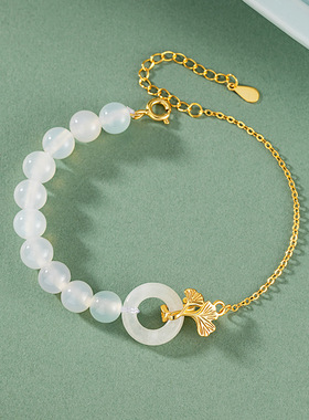 三生有幸纯银925和田玉手链女新中式国潮平安扣手环ins银杏叶