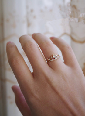 日系风格S925纯银镀14K金戒指小清新7颗钻纤细戒指环精致尾戒通勤