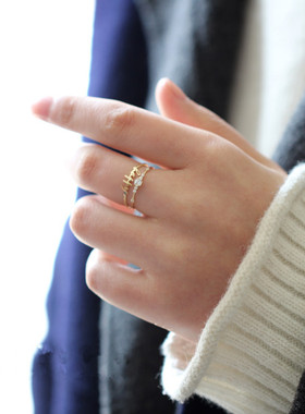 S925纯银镀14K黄金戒指日系简约小清新百搭叠戴尾戒碎钻女指环