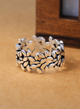 简约复古做旧小密叶子纯银戒指女招财橄榄树叶开口指环泰银手饰品