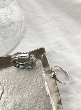 韩国s925纯银泰银复古几何形圆球戒指女光面转运珠开口食指戒子