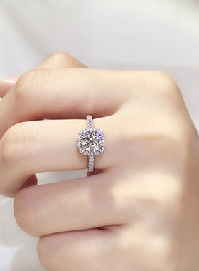 D级莫桑石豪华方形圆钻石戒指纯银镀铂金奢华潮流八心八箭女钻戒