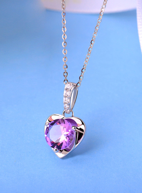 项链女纯银天然紫水晶简约爱心吊坠简约锁骨链首饰送女友生日礼物