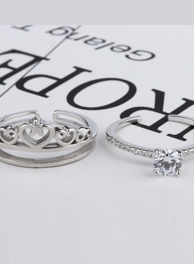 925纯银韩国双层皇冠王冠戒指 韩款莫桑石戒指环热卖组合套戒刻字