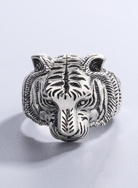 纯银复古戒指男十二生肖老虎指环霸气潮人嘻哈虎头配饰男士礼物