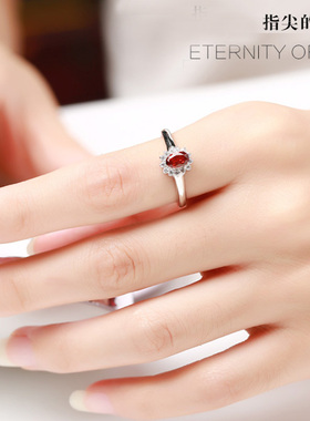 天然石榴石戒指 925纯银石榴石女戒 时尚水晶指环 女人石半宝石