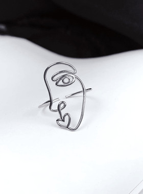 韩版时尚个性线条不规则开口纯银戒指女简约气质镂空人脸形银饰品