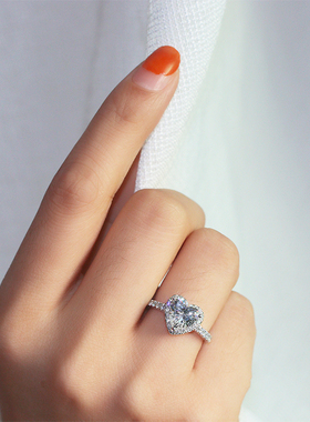 S925纯银爱心仿真钻戒女八心八箭莫桑石戒指心形1-2克拉结婚饰品