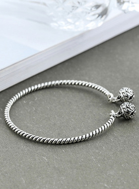 编织银线手环创意玲珑球纯银手镯民族风复古双头铃铛灯笼手饰品