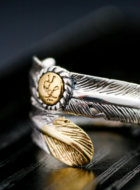 925纯银戒指女 印第安羽毛开口戒指男女老银匠复古戒指情侣款指环