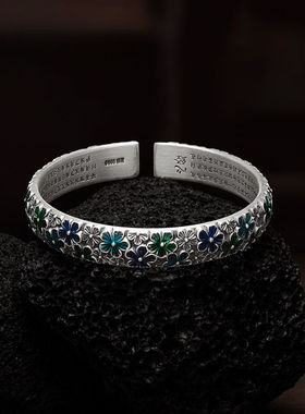 银手镯女纯银手工镯景泰蓝民族风新款珐琅彩梅花心经银手镯送妈妈