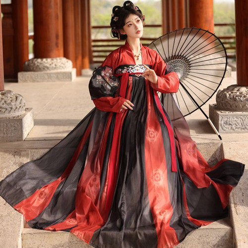 大码汉服女胖mm200斤唐制齐胸襦裙印花复原国风飘逸古风秋季套装 - 图1