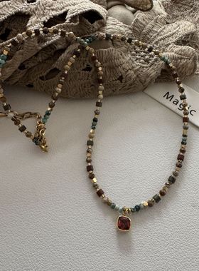 复古天然石方糖吊坠串珠项链