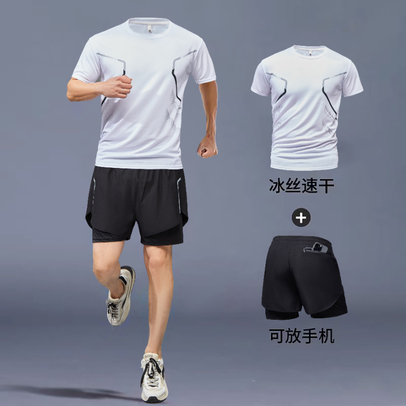 运动服套装男跑步短袖速干衣篮球服休闲短裤羽毛健身训练服两件装