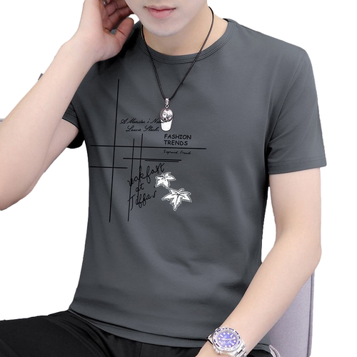冰丝莫代尔短袖t恤男士韩版圆领修身印花半袖休闲T体恤大码打底衫
