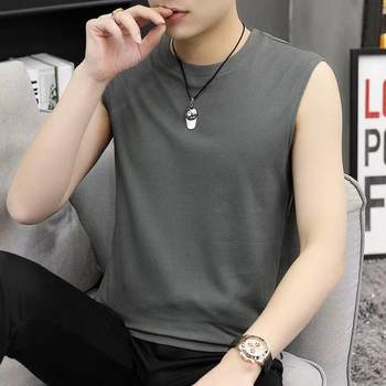 Summer pure cotton sweat vest men's casual round neck pullover vest sleeveless T-shirt trendy brand personalized loose sports cut-sleeve T-shirt