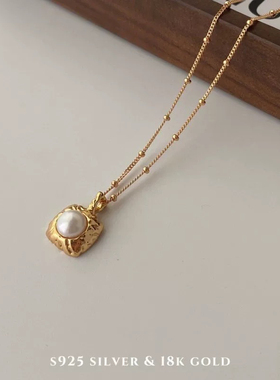 S925纯银天然淡水珍珠方糖吊坠项链锁骨链女高级毛衣链