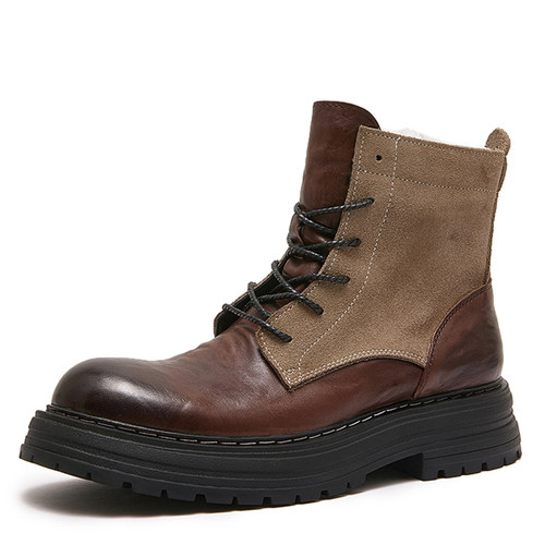 欧洲站秋冬季新款马丁靴男真皮拼接时尚潮流厚底短靴手工机车靴男 - 图3