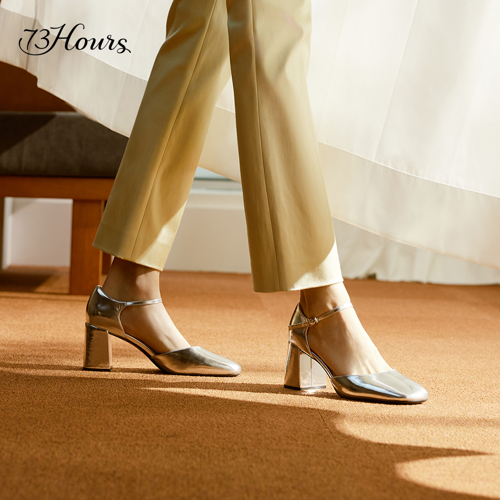 明星同款73hours女鞋焦糖咖啡春秋新款法式银色高跟玛丽珍鞋单鞋 - 图2