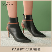 73Hours womens shoes Side B new short boot Tip Splicing Bull Leather High Heel Brief Ring Buckle Yingren Fashion Boots