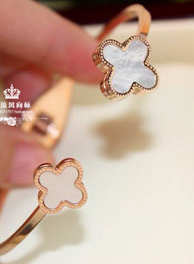 检漏双花白贝母四叶草手镯女18K玫瑰金黑白钛钢单花手环日韩时尚