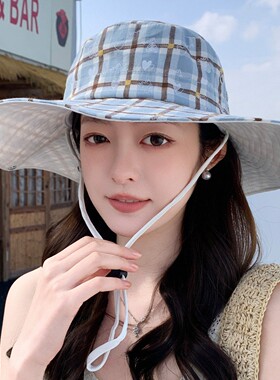 可折叠休闲防紫外线格纹渔夫帽女