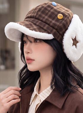 毛绒边格纹鸭舌帽子女加厚保暖女