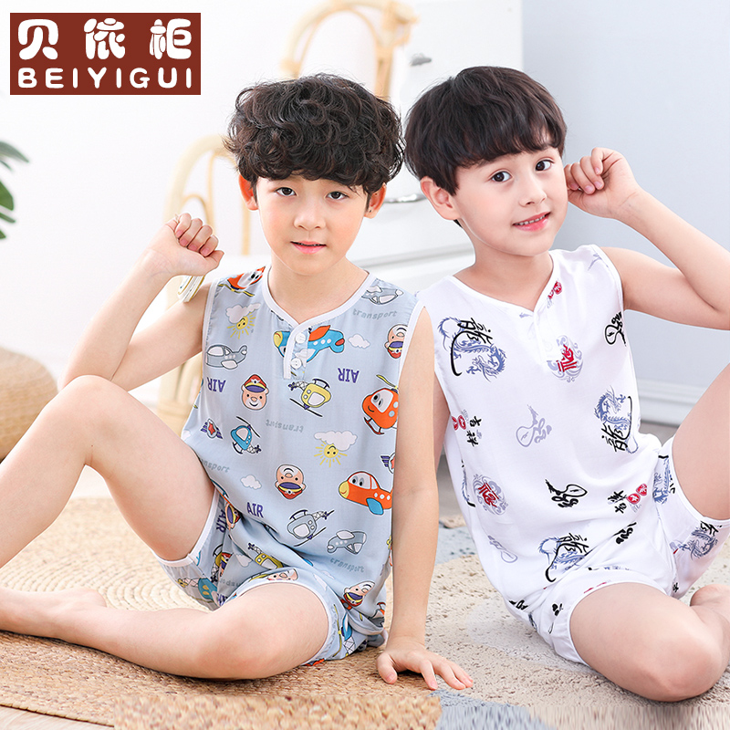 男童夏装套装儿童棉绸睡衣背心家居服男孩夏季薄款绵绸无袖空调服 男童夏装套装儿童棉绸睡衣背心家居服男孩夏季薄款绵绸无袖空调服