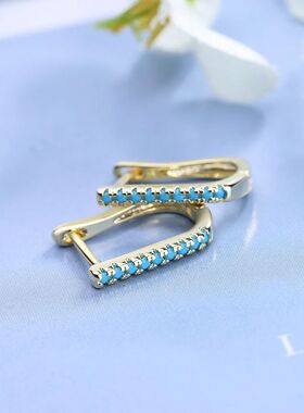 Vintage Natural Turquoise Hoop Earrings Solid Stamp Luxury T