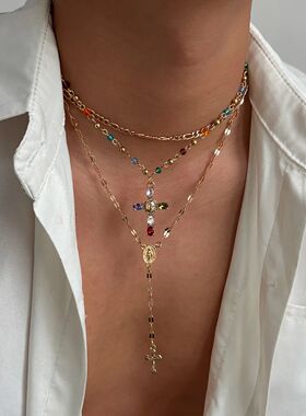 Vintage Multi-Color Rhinestone Cross Necklace Set for Women