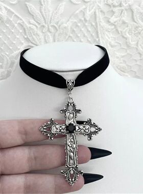 Goth Limited Black Velvet Cross Bead Choker Necklace Jewelry