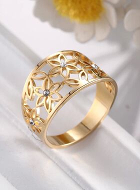 Hollow Elegant Flower of Life Ring Stainless Steel Ladies an