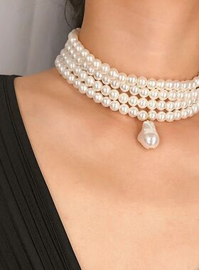 Fashion Multilayer White Imitation Pearl Choker with Metal S
