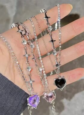 Gradient Purple Zircon Star Heart Necklace Crystal Cross Sta
