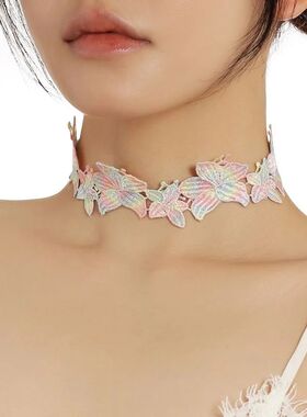 Pink Butterfly Flowers Leaf Lace Choker Necklace for Women S