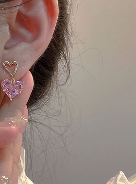 3pcs Trendy Y2k Heart-shaped Zircon Pink Crystal Pendant Ear