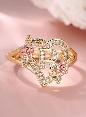 Cute Female A-Z Letter Rose Flower Wedding Rings Promise Ope