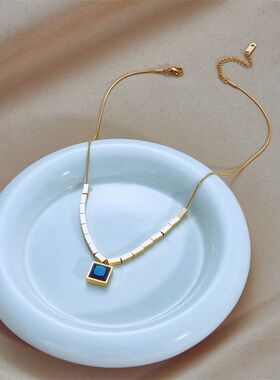 316L Stainless Steel Square Blue Zircon Necklace For Women N