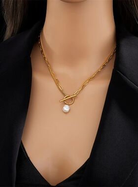 316L Stainless Steel OT Clasp Large Pearl Pendant Necklace F