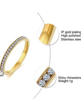 2mm Bling CZ Stones Ring for Women Lady Gold Color Stainless