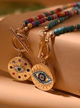 4mm Colorful Stone Choker Necklace for Women Round Evil Char