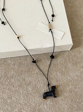 Cute Stereo Dachshund Flower Black Rope Long Necklace Balloo